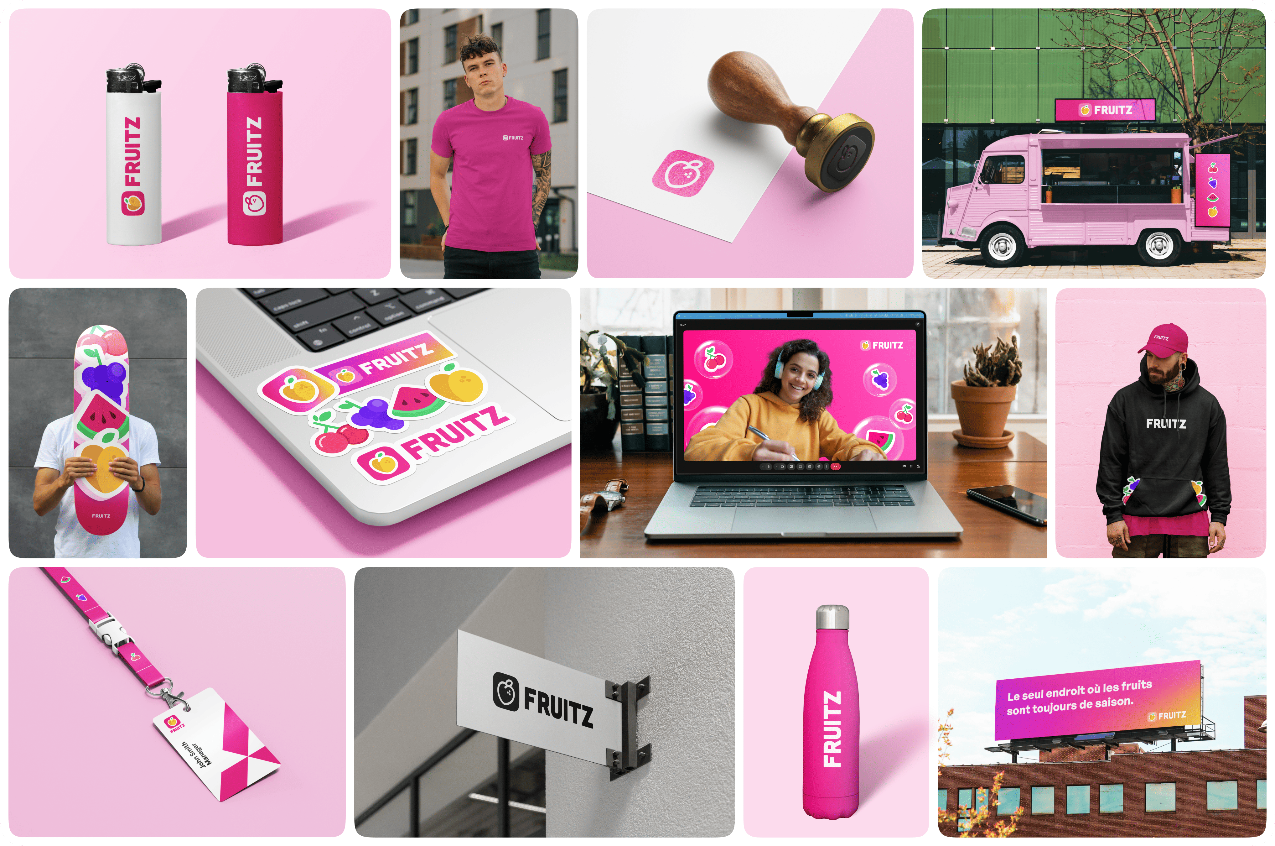 The identity out in the world, on signage, a tee, a wax stamp, a food truck, a billboard, a skateboard and a lighter