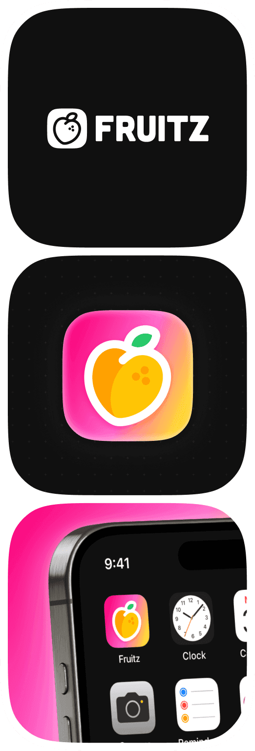 The redrawn identity, the peach now inside its app icon shape, the icon on a vibrant gradient, and the icon on a home screen