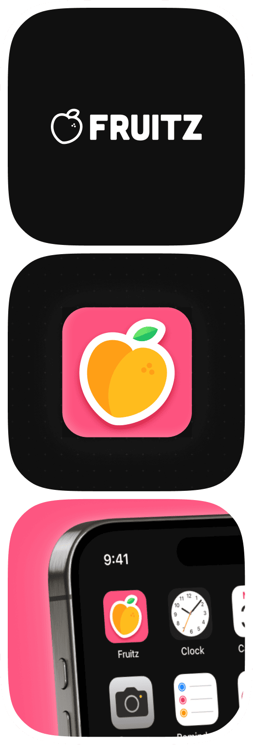 The old identity, an outlined peach next to the wordmark, the flat pink app icon, and the icon on a home screen