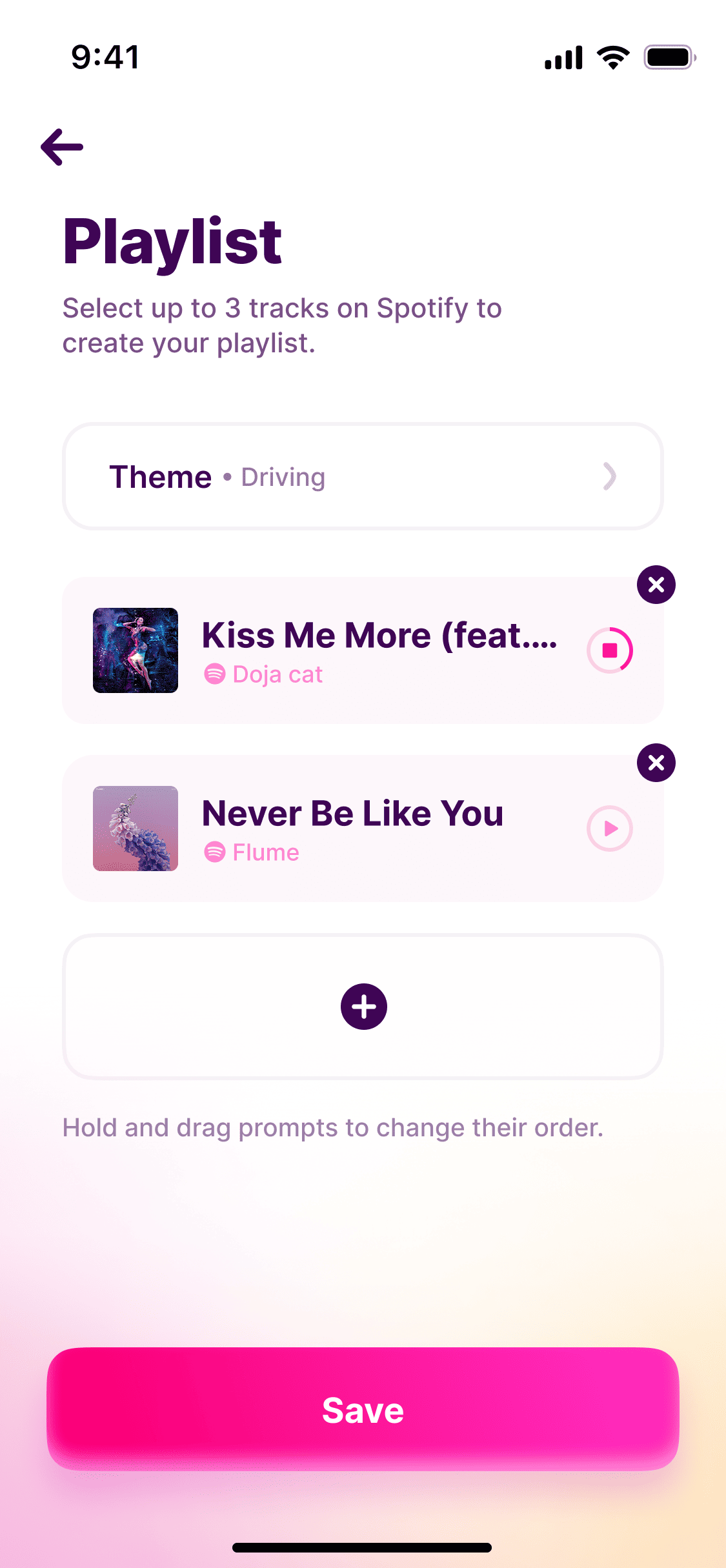 Playlist editor, up to 3 Spotify tracks with cover art and an inline play control