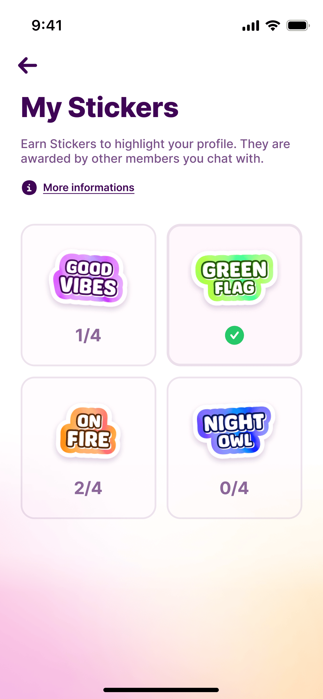 The sticker hub, every sticker a profile can be given, grouped by set