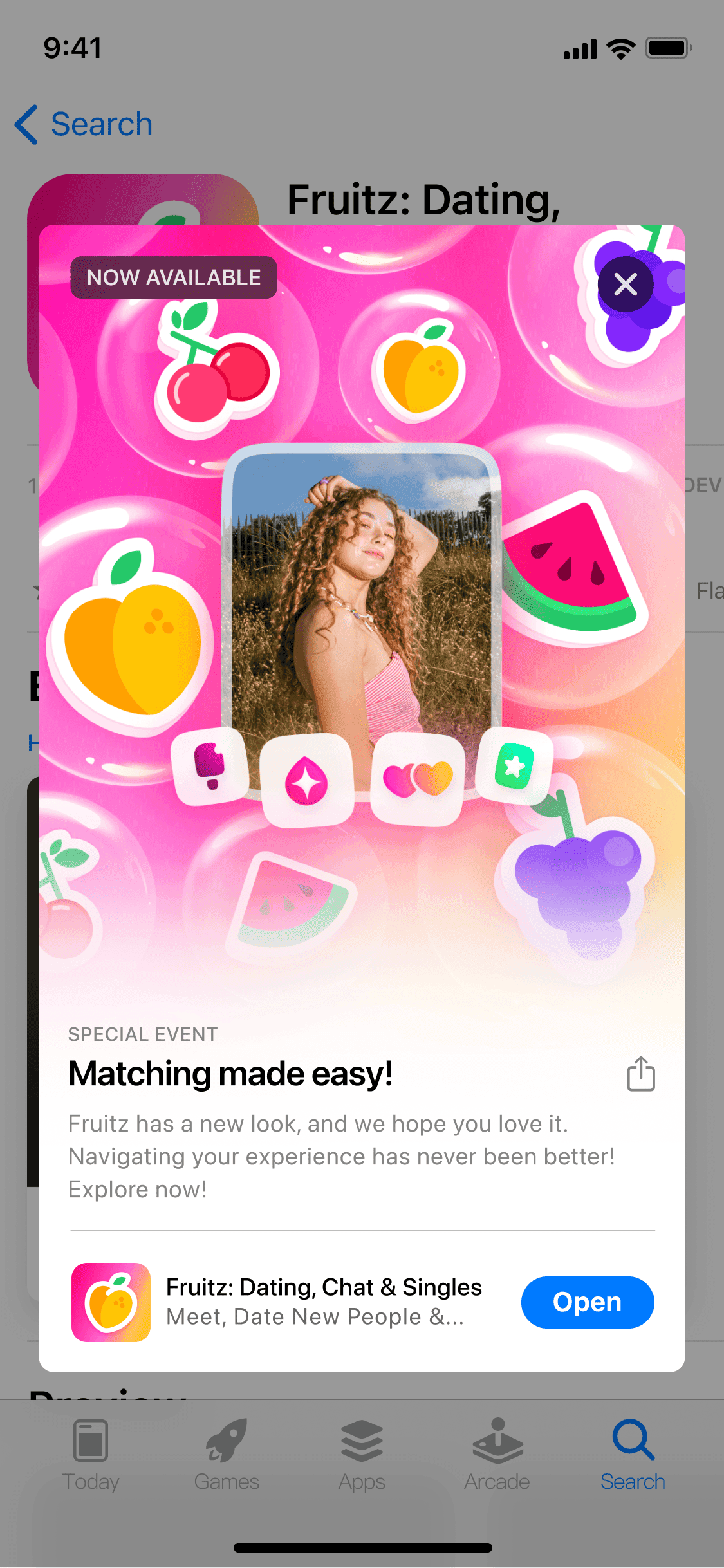 The App Store event sheet for the navigation release, Matching made easy, over its own artwork