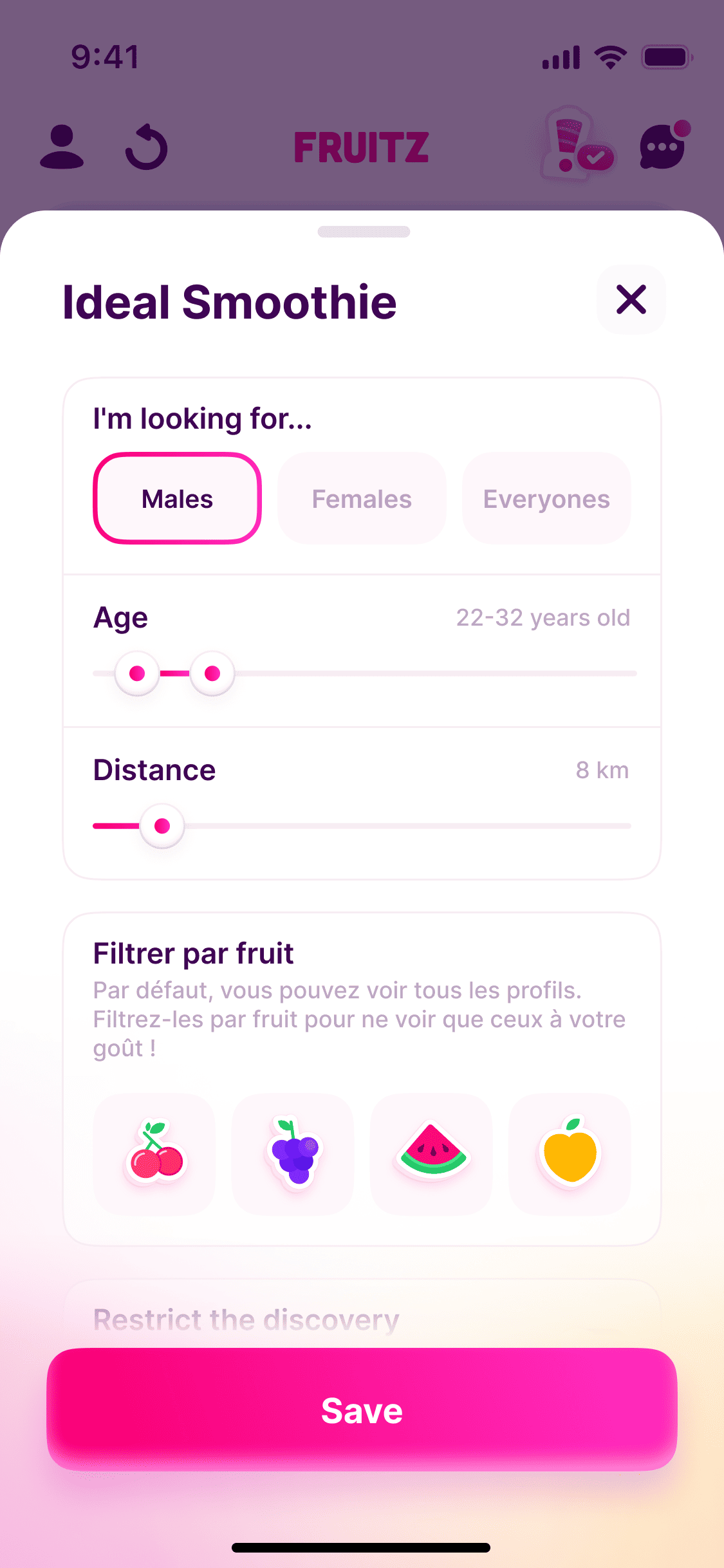 The Ideal Smoothie sheet, who you are looking for, age and distance sliders, and a filter by fruit
