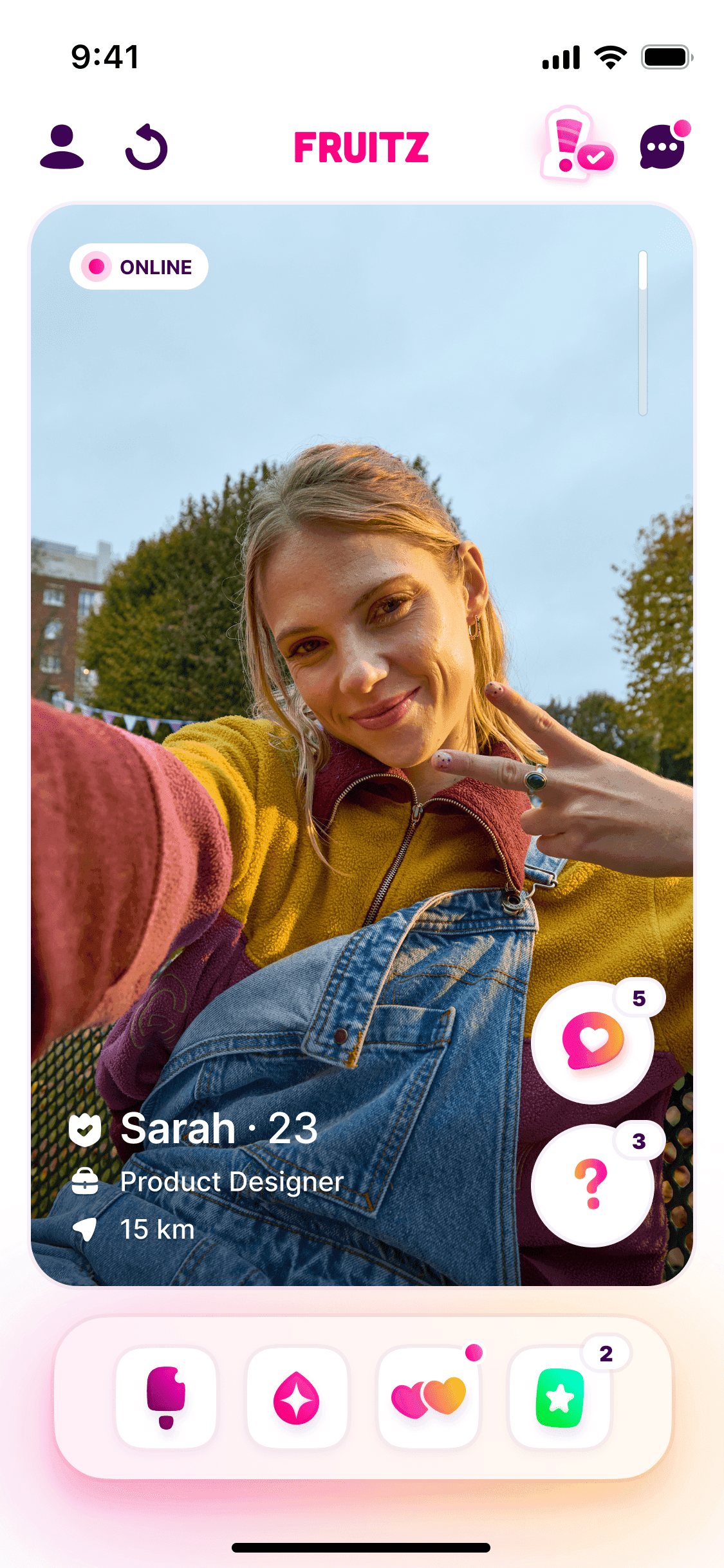 The new home screen, a cleaned top bar and a features bar of four slots below the card