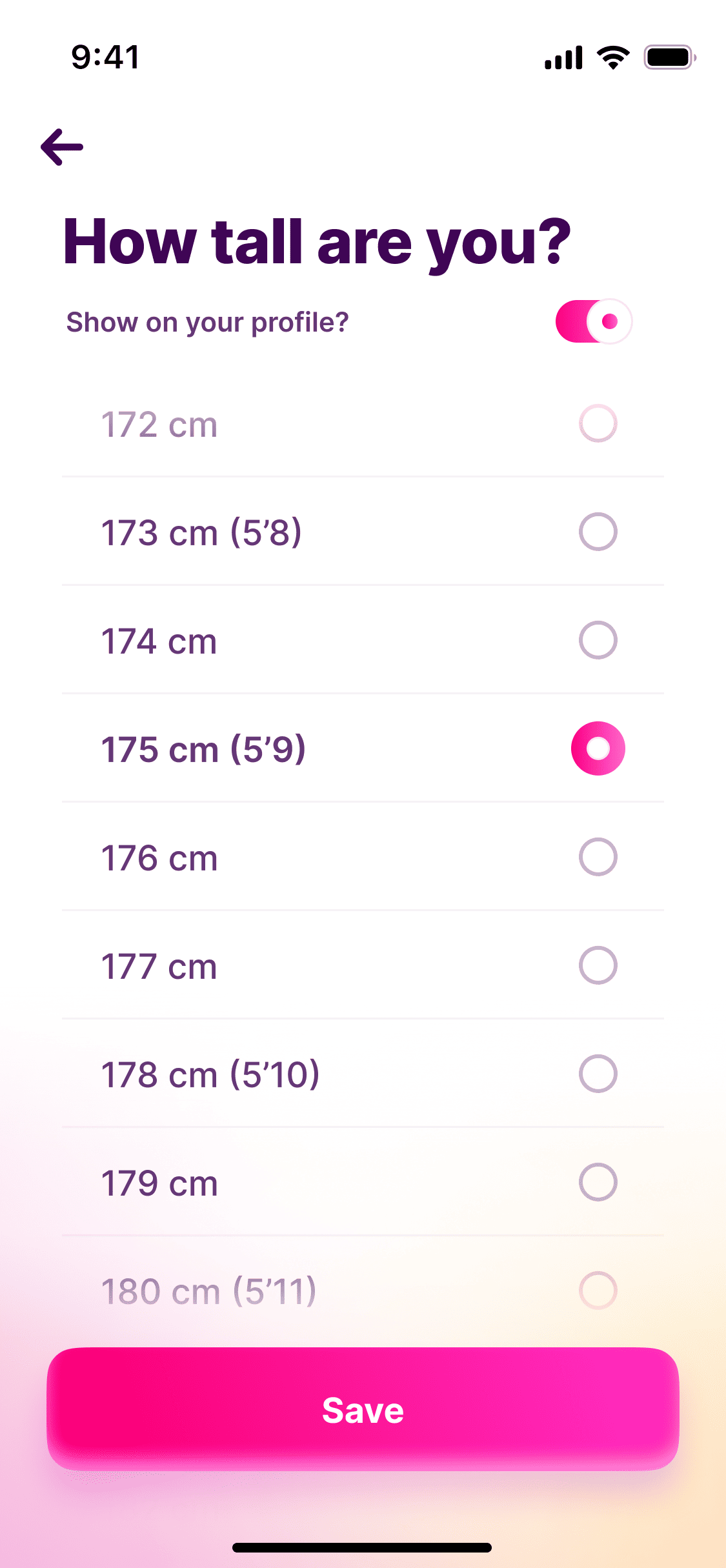 Height picker, a long list in centimetres and feet with a toggle for showing it on the profile