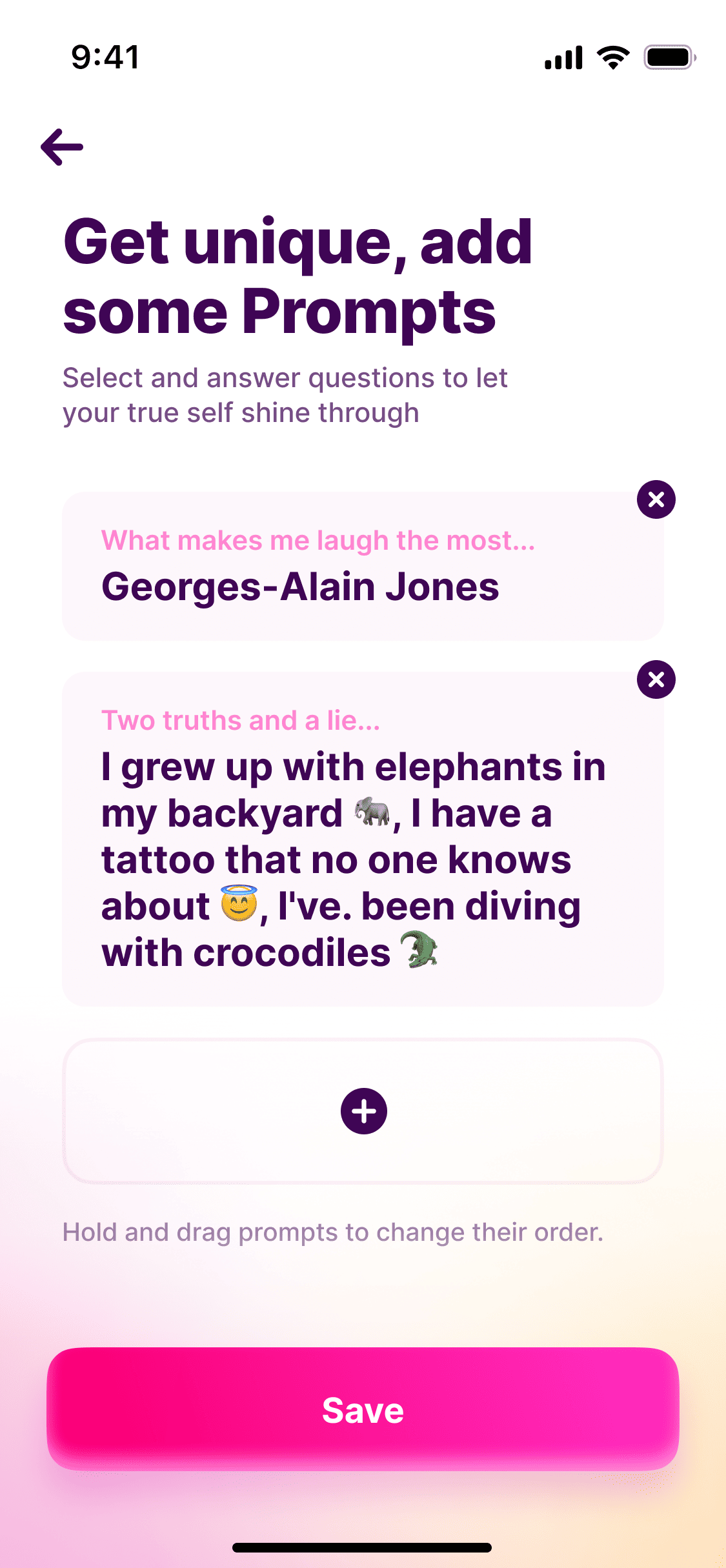 Prompt editor, two answered prompts that can be dragged to reorder and a slot for a third