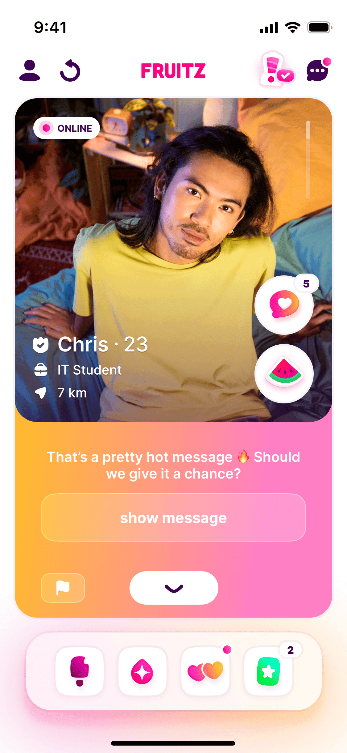 A crushnote flagged as explicit, held behind a Show message button instead of being deleted