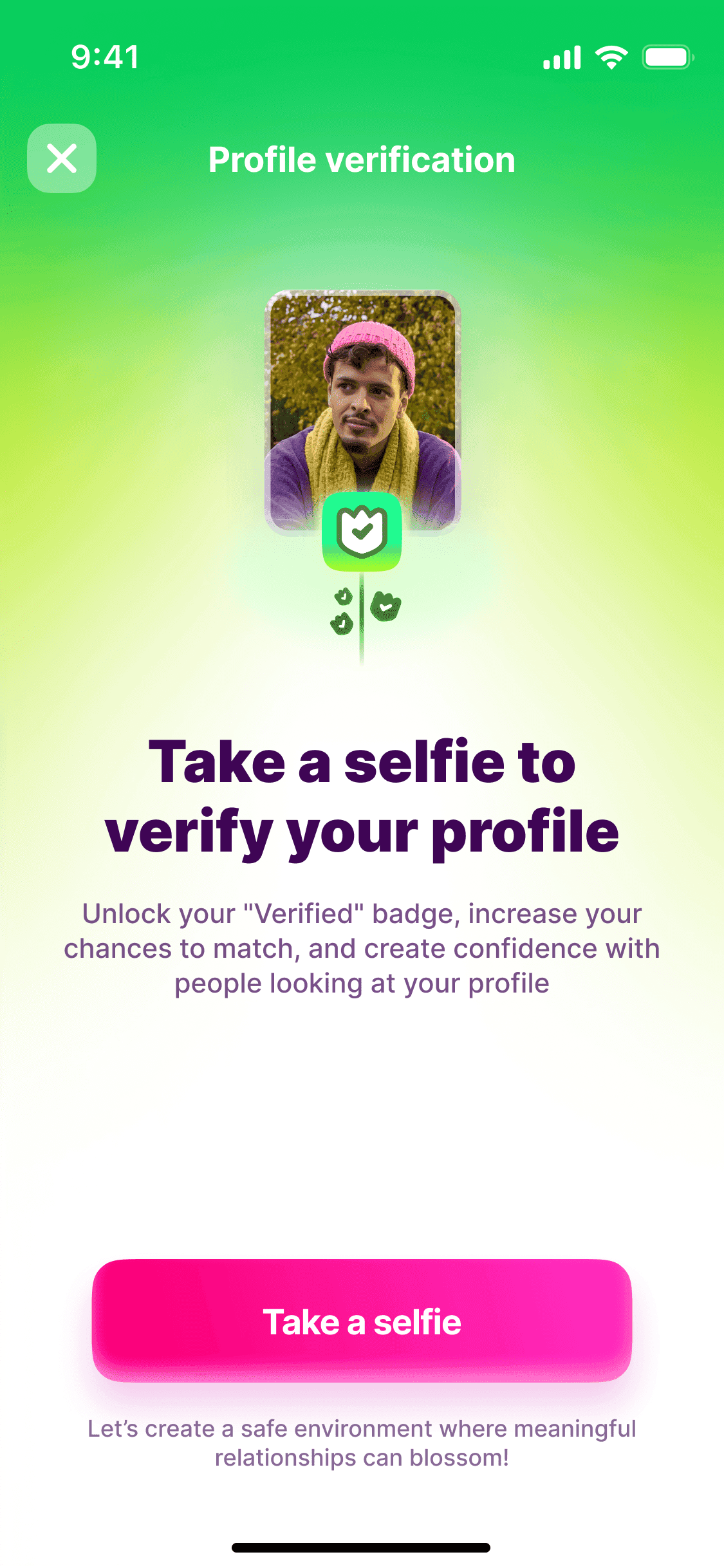 First step of profile verification, a green screen asking for a selfie to unlock a verified badge