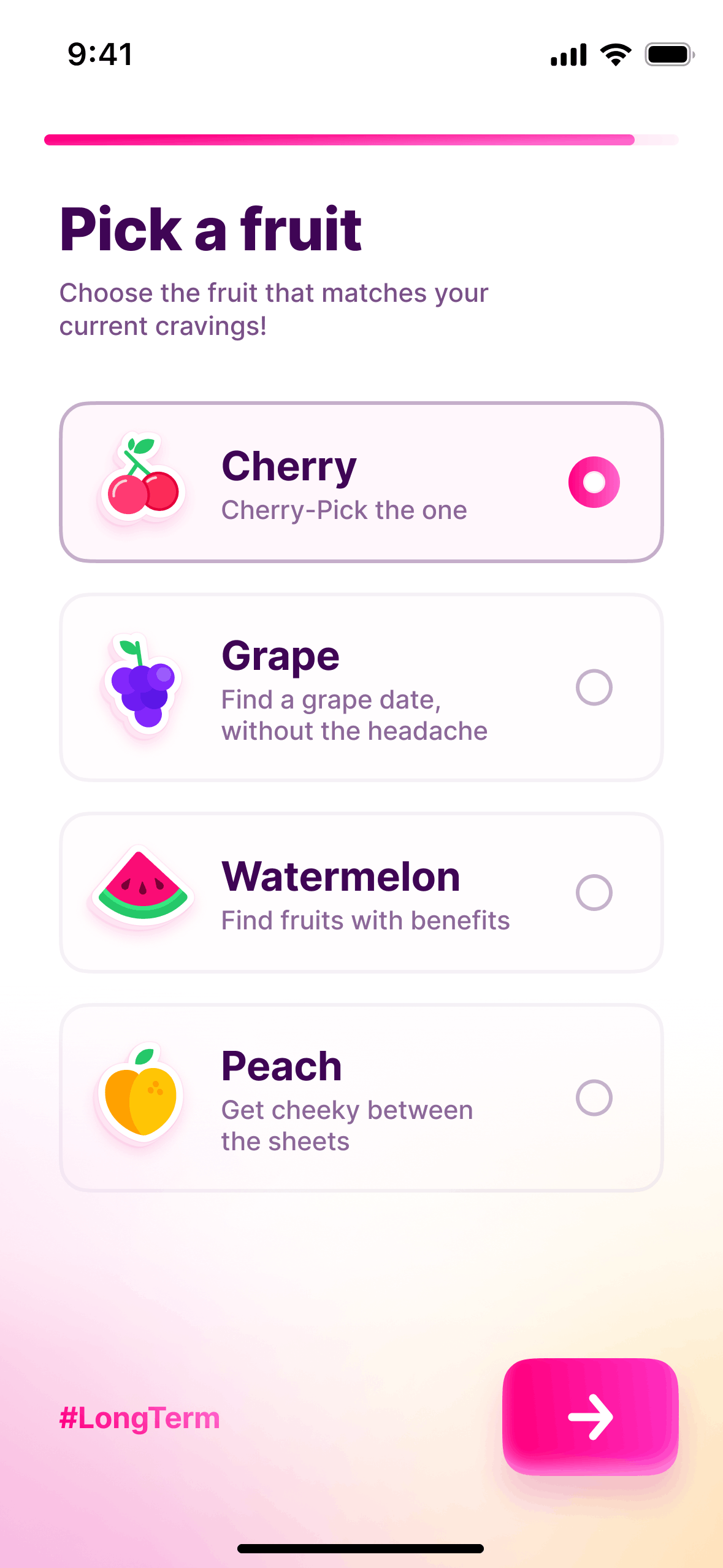 Final sign-up step, four fruits to choose from, each one naming what you are looking for
