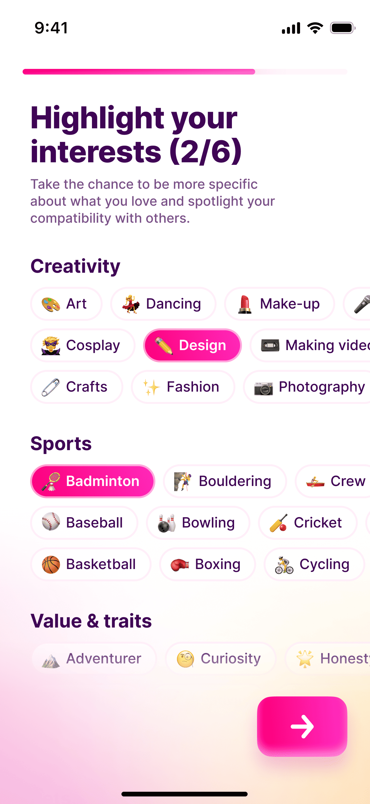 Interest picker, tags grouped by category with 6 of them selectable in total