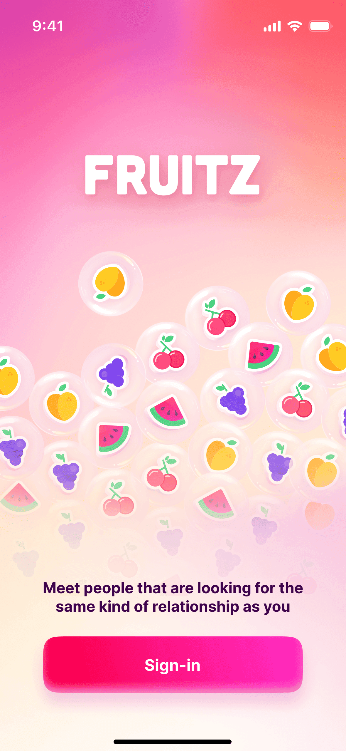 Sign-in screen, a wall of fruit stickers rising in bubbles under the Fruitz logo