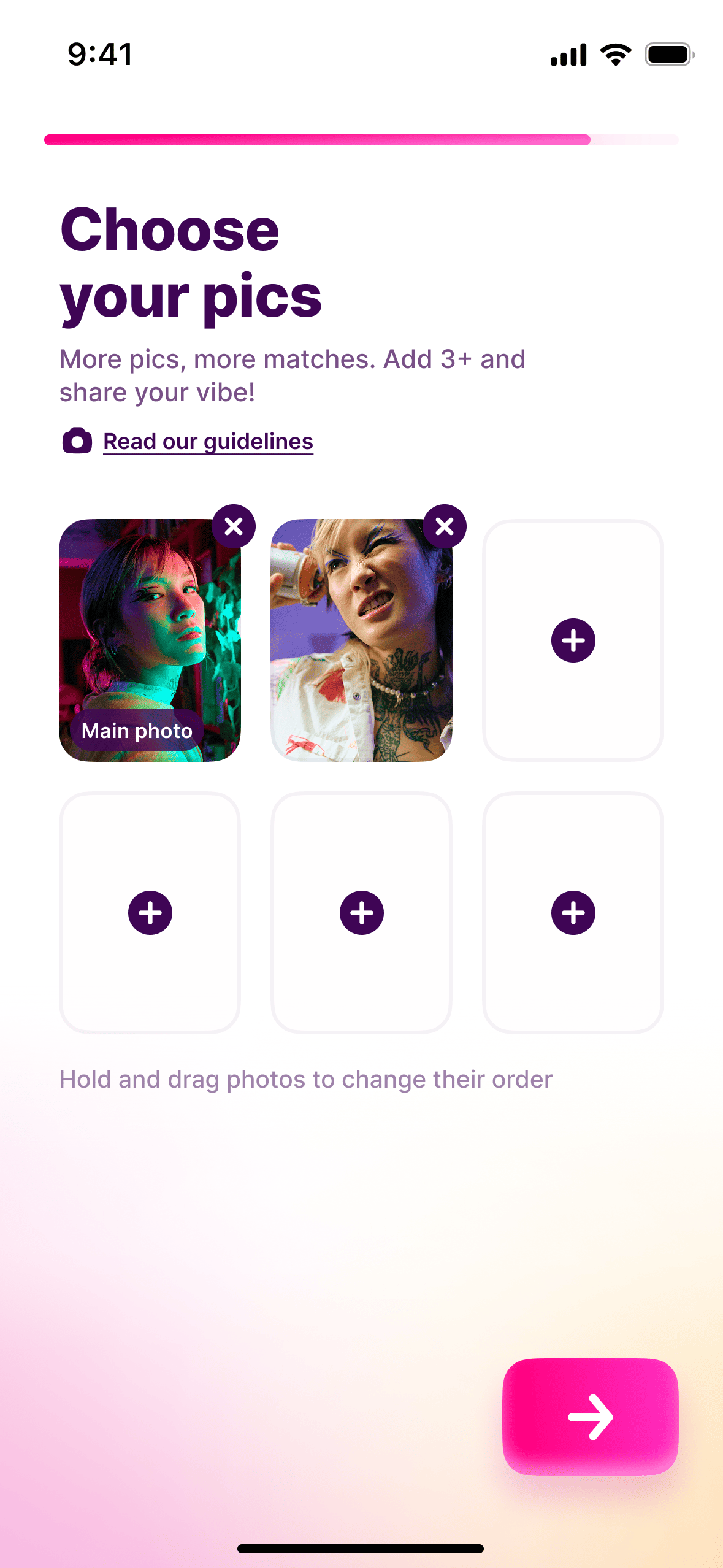 Photo step, a six slot grid with two filled and the line more pics, more matches, add three or more