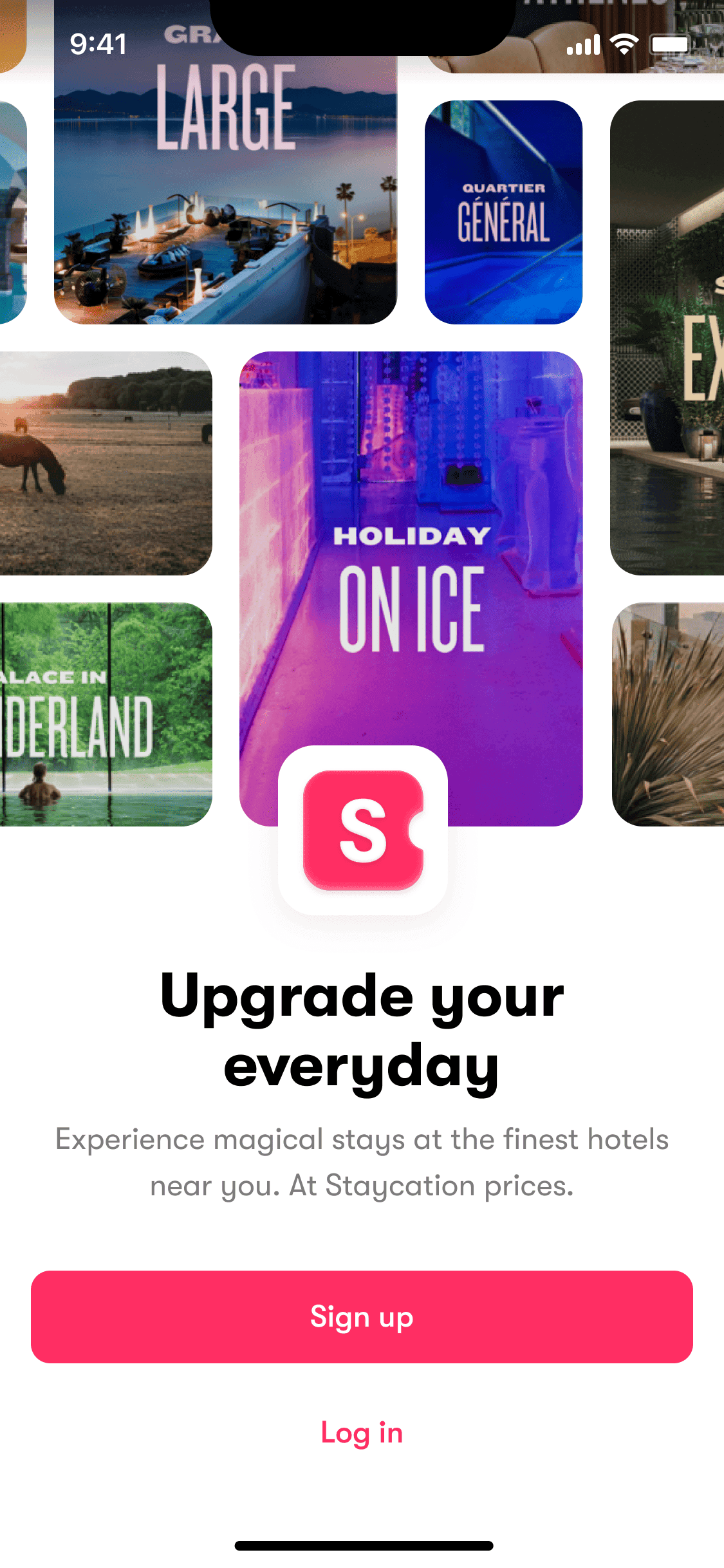 App sign-up screen, a wall of offer covers behind the app icon