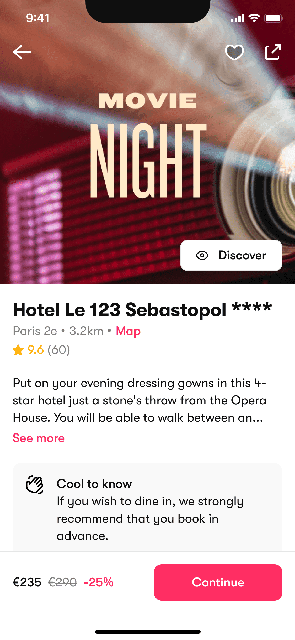 Package screen in the app, cover image, hotel name, rating and what the night includes