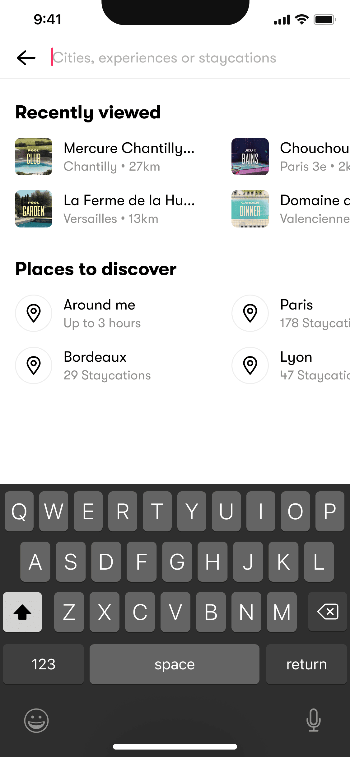 Search screen, recently viewed hotels and places to discover with a keyboard open