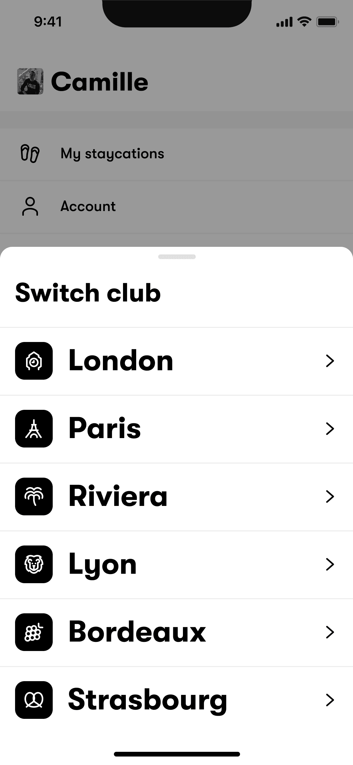 Club switcher in the app, London, Paris, Riviera, Lyon and Bordeaux each with its own icon