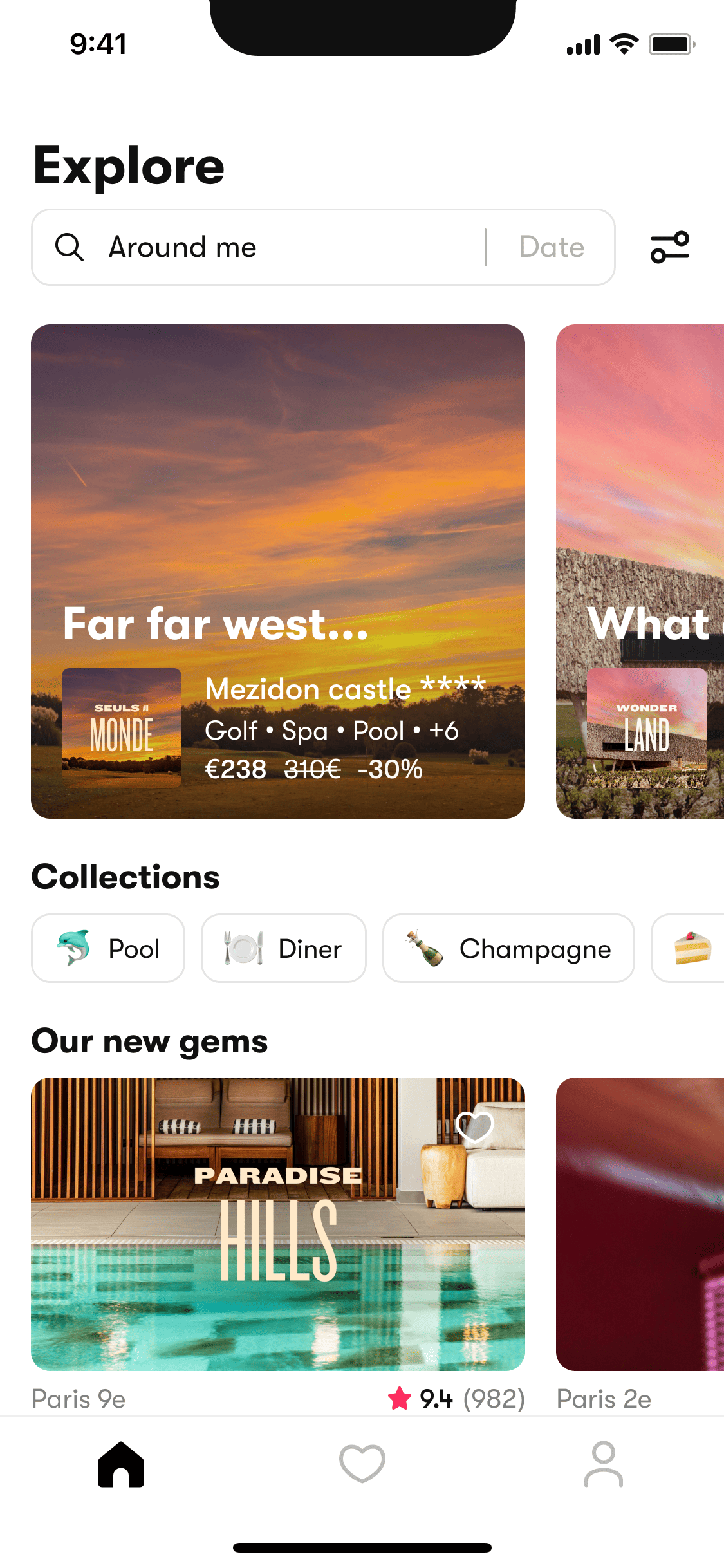 Explore screen, a search field above a carousel of offers and collection filters