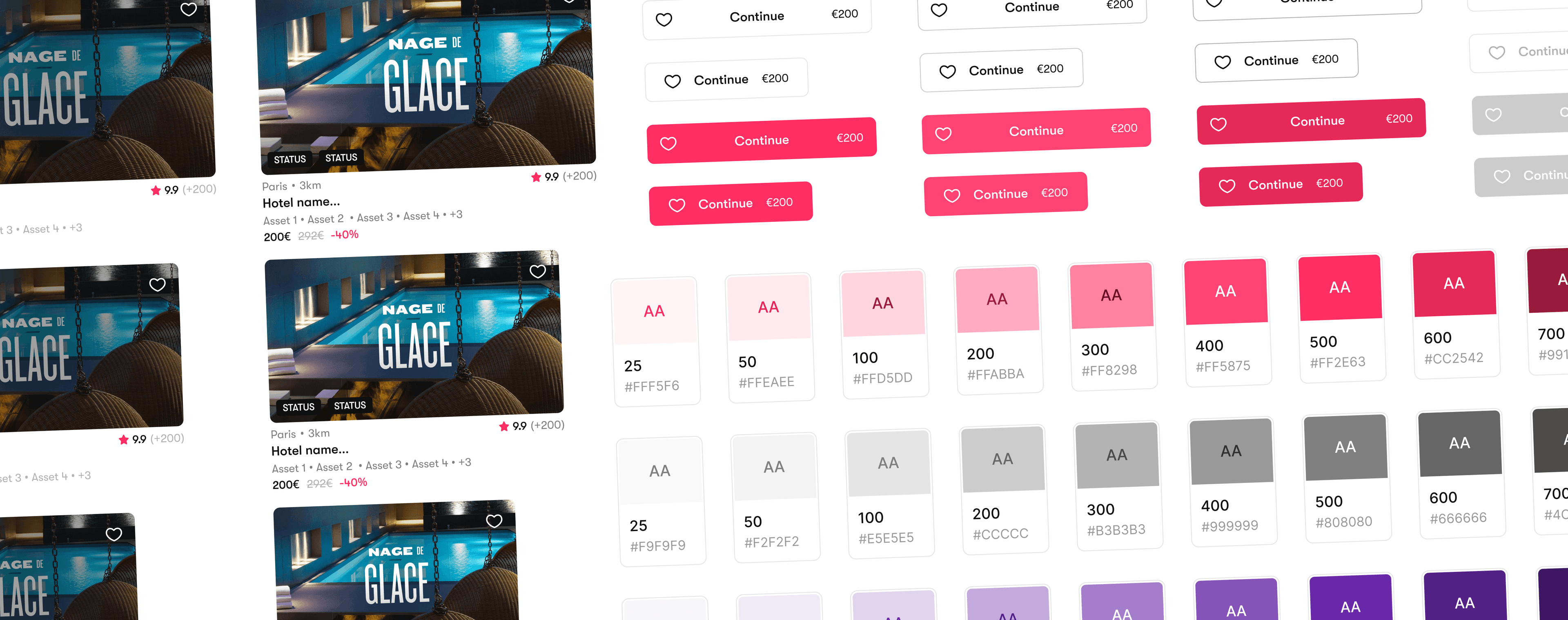 The Staycation design system in Figma, package cards, button and form states, and the colour and type ramps