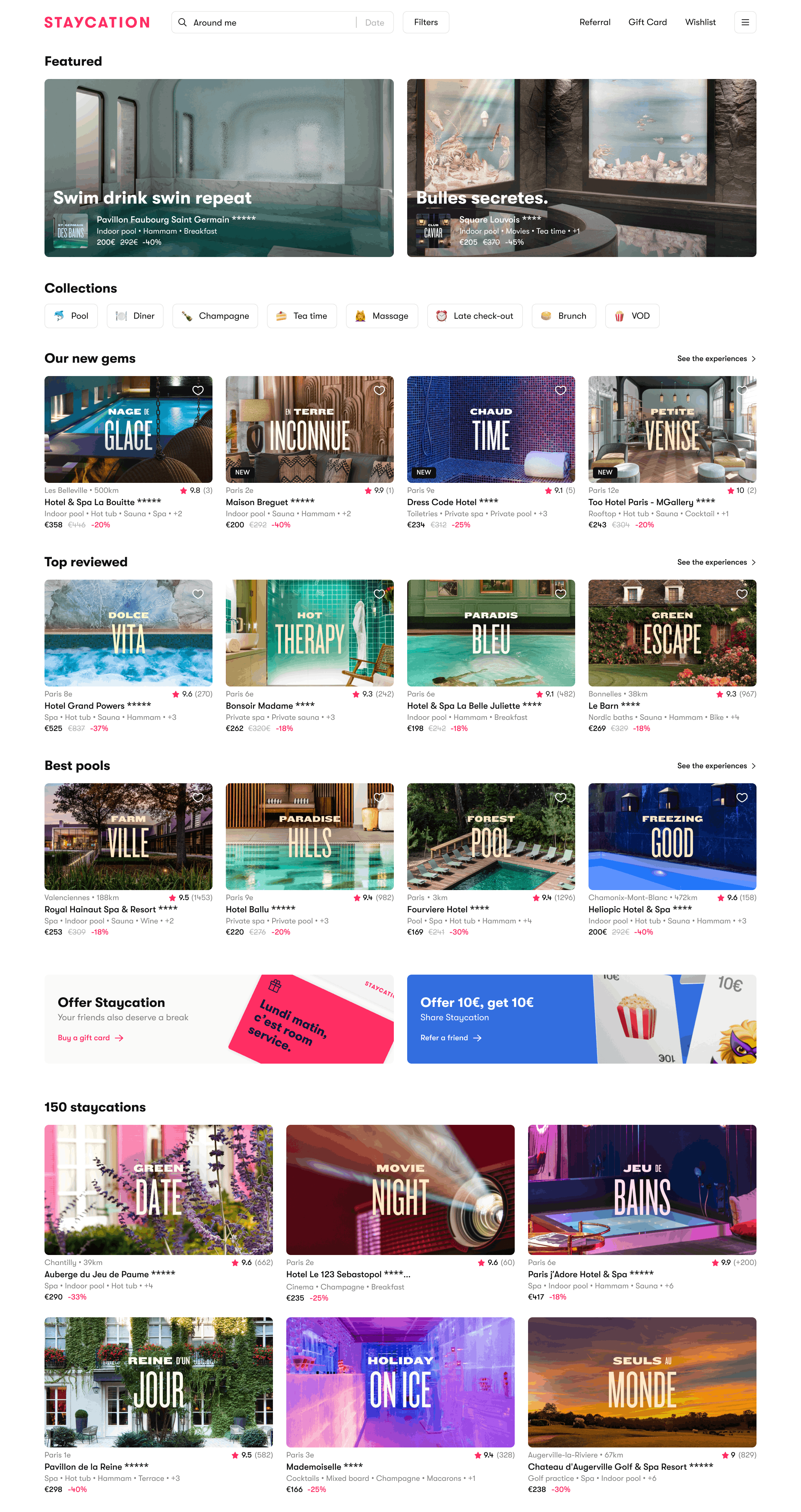 Staycation homepage, merchandised rows of hotel packages with photos, prices and discounts