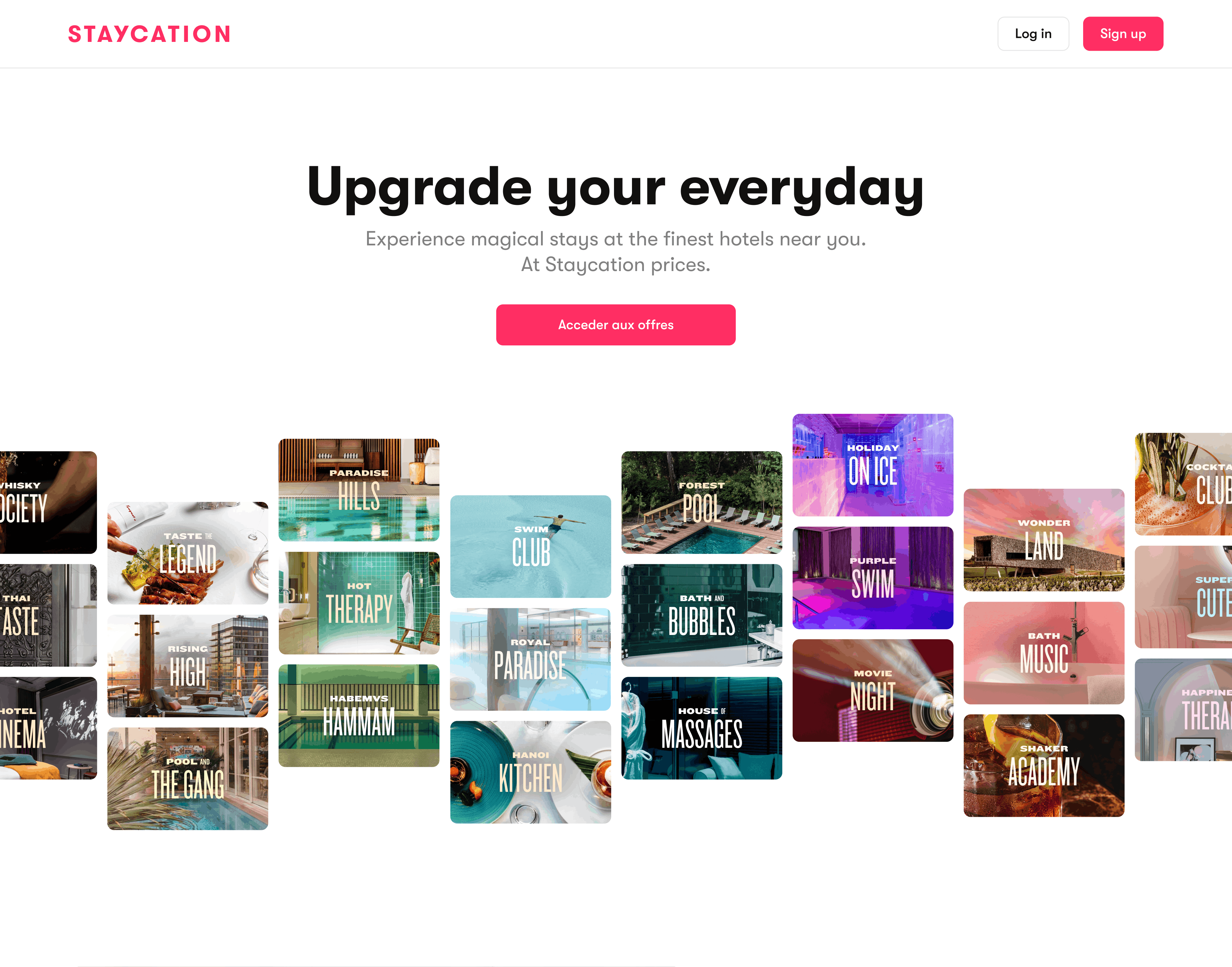 Dozens of offer covers side by side on the website, each a photo with its own wordplay